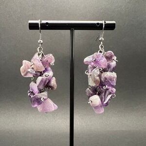 Amethyst Cluster Earrings Purple Crystal Gemstone Chip Boho Healing Witchy Fairy